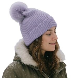 Nordstrom Ribbed Knit Fleece Lined Faux Fur Pom Pom Beanie NWT Purple Pastel